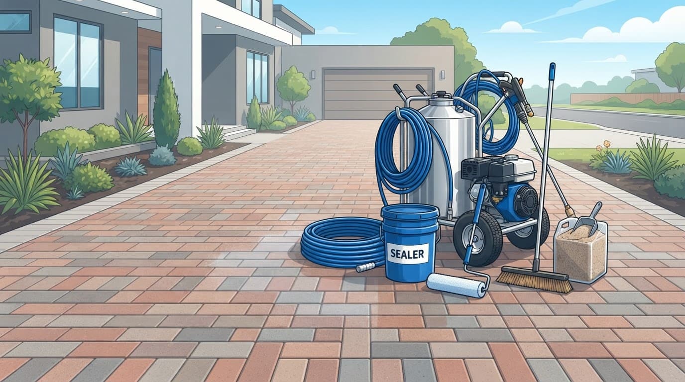 Equipment arranged for driveway sealing and traffic control.