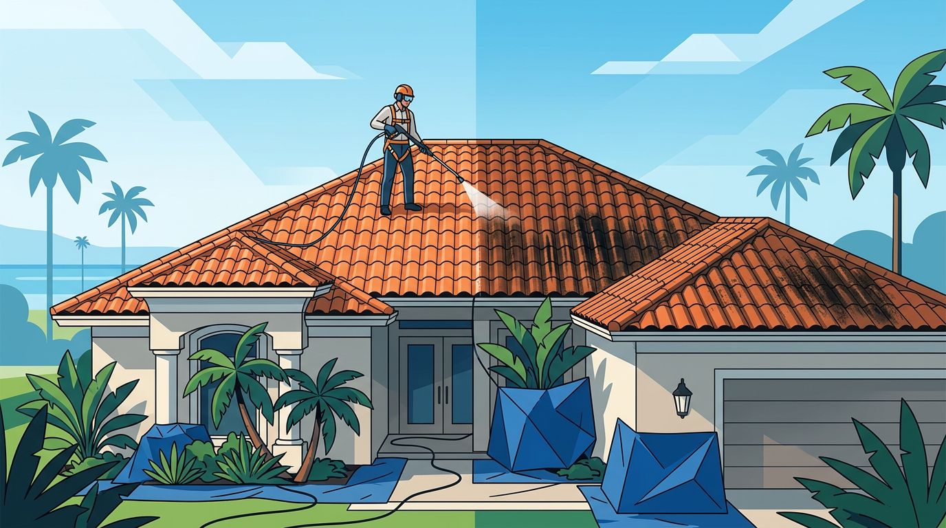 Technician soft-washes a terracotta roof beside protected plants.