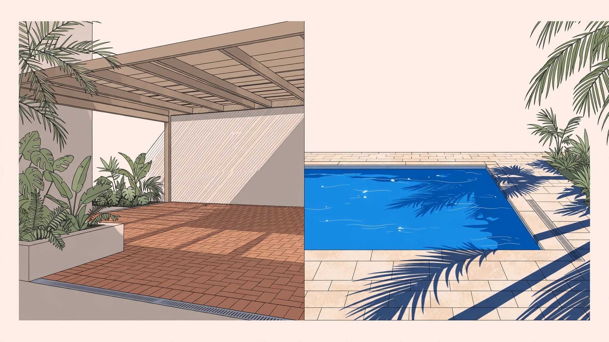 Split lanai showing brick pavers under shade and travertine around a sunny pool.