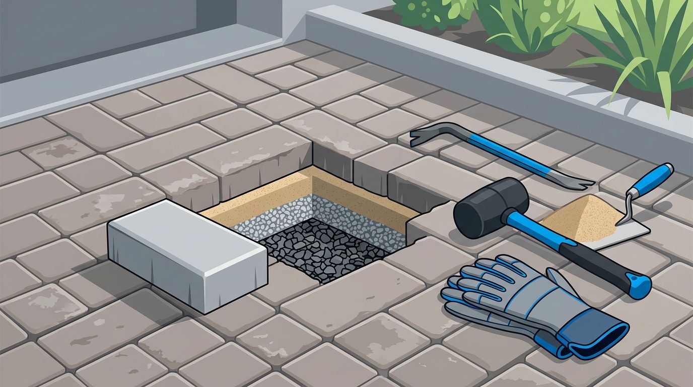 A driveway shows a removed cracked paver, replacement brick, blue tools, gloves, and sand.