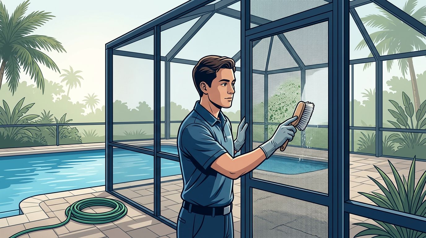 A cleaner brushes a mildew-speckled lanai screen beside a blue pool.