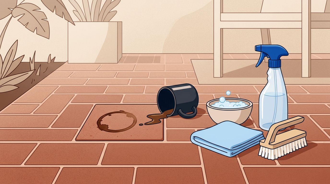 A coffee-stained brick beside a tipped mug and cleaning supplies.