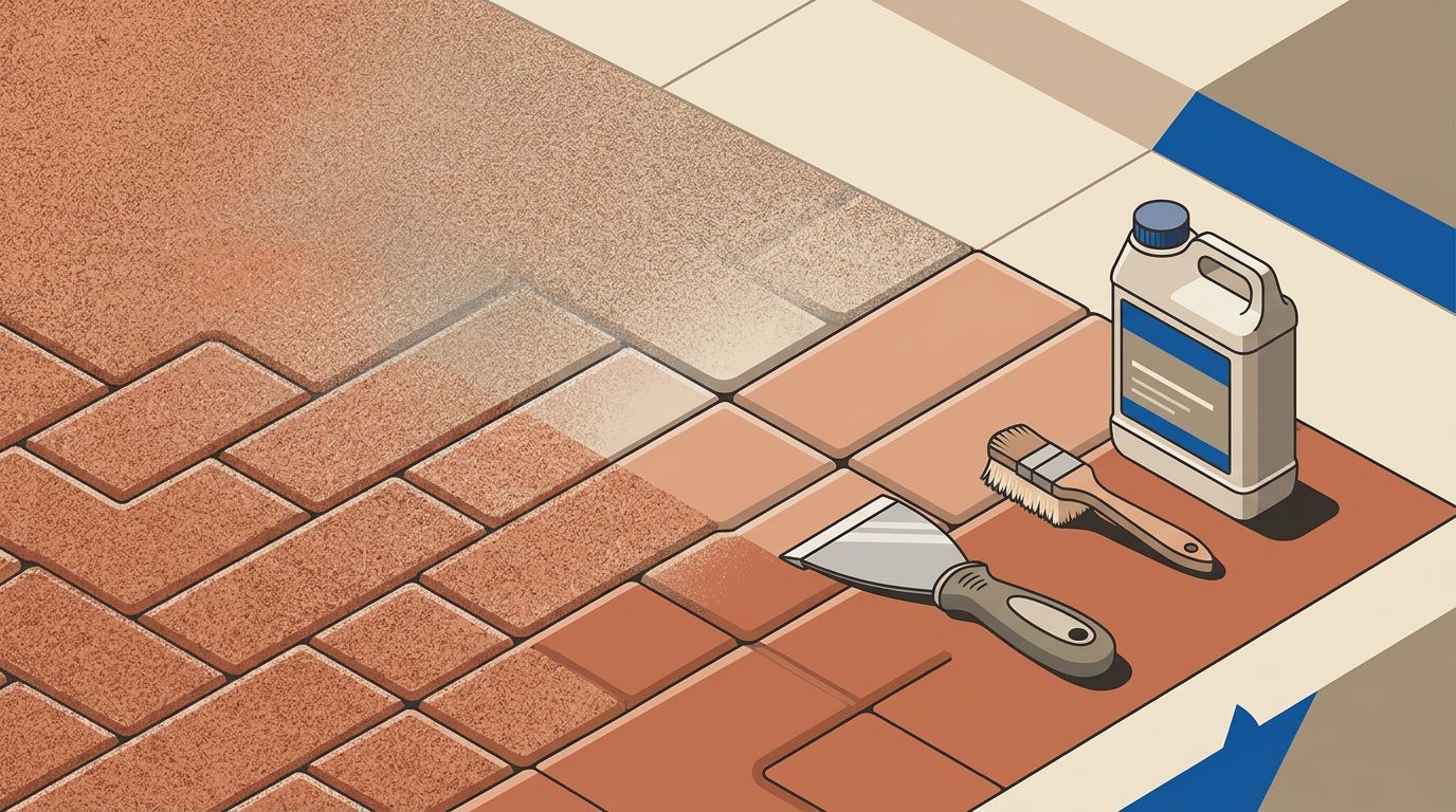 Brick pavers transition from a gritty sealed surface to a smooth finish beside cleaning tools.