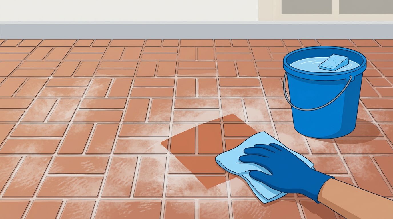 A gloved hand cleans white haze from brick pavers beside a blue bucket and sponge.