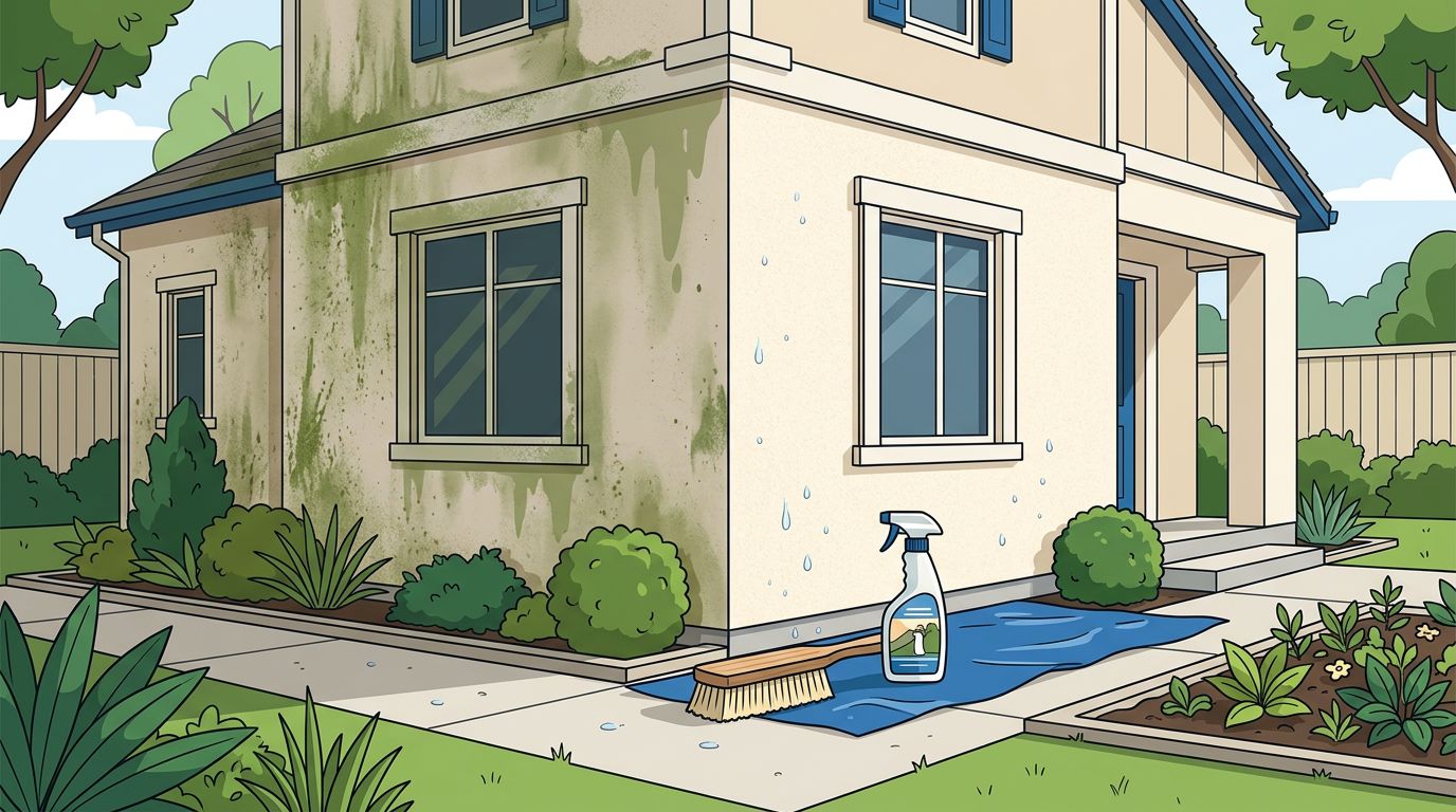 A stucco wall shows algae stains beside a clean section with cleaning tools and protected plants.