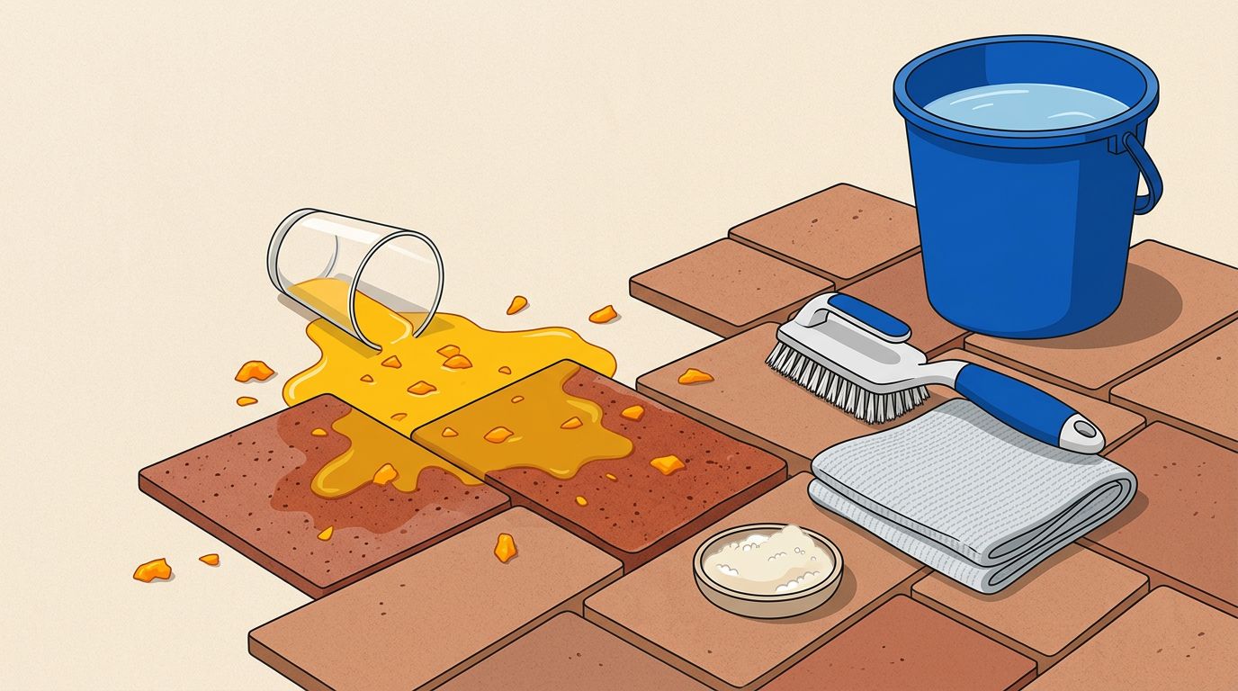 Mango juice stains one patio paver beside cleaning tools and a blue bucket.