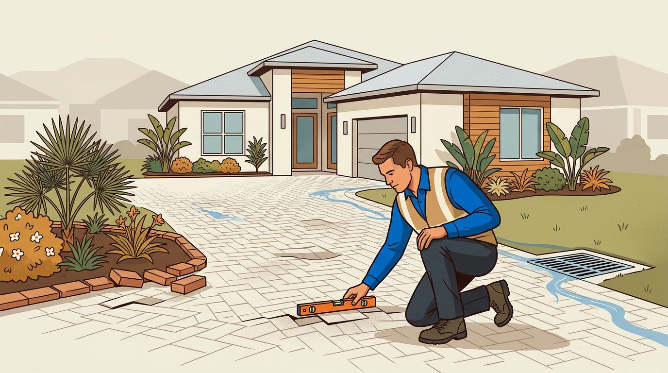 A home inspector checks uneven pavers beside a Florida house and tropical landscaping.