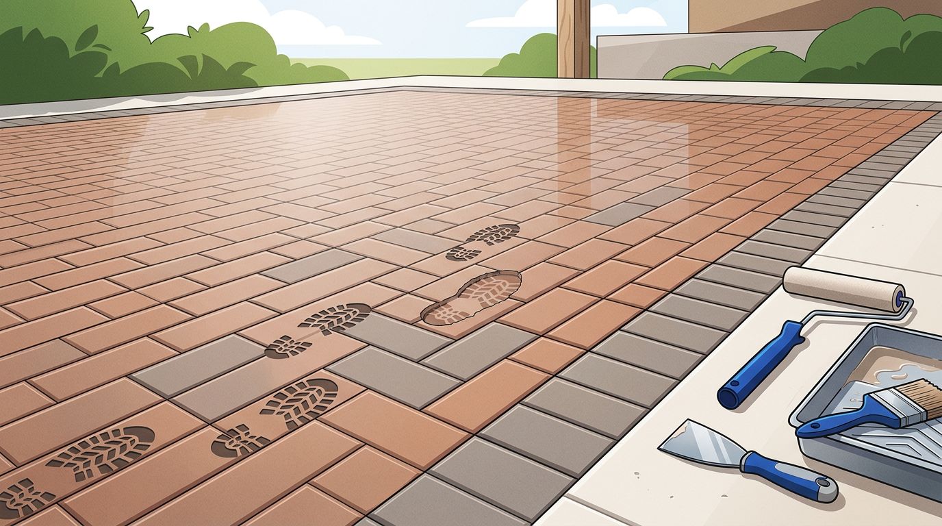Glossy pavers show shoeprints and repair tools along the patio edge.