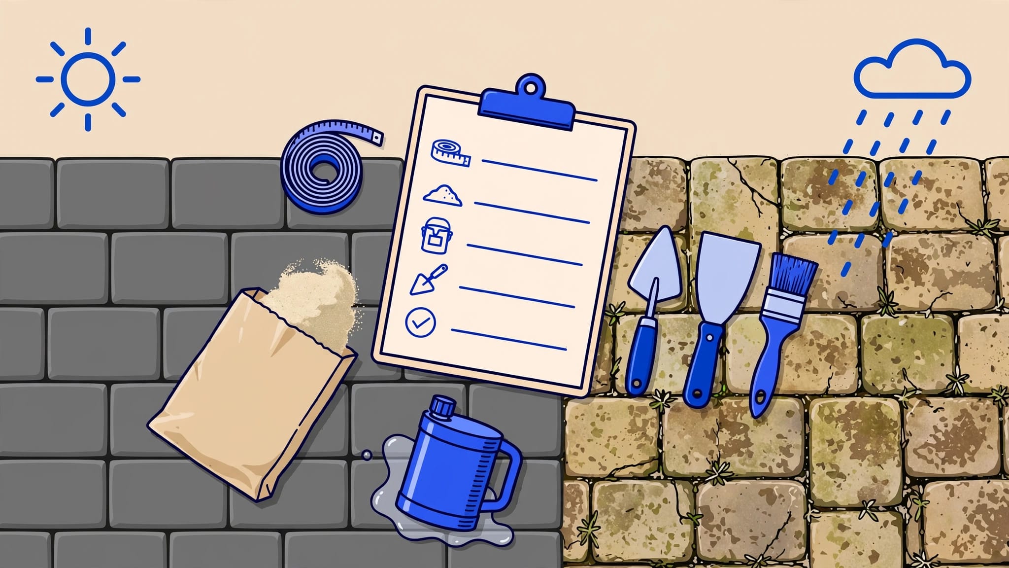 Clipboard and sealing tools rest on driveway pavers beside clean and stained stone sections.