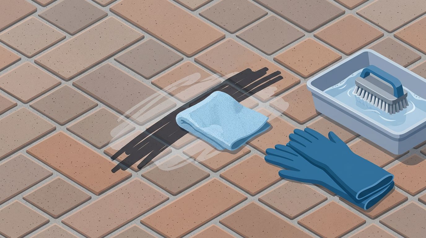 A cloth removes a dark marker streak from brick pavers beside cleaning supplies.
