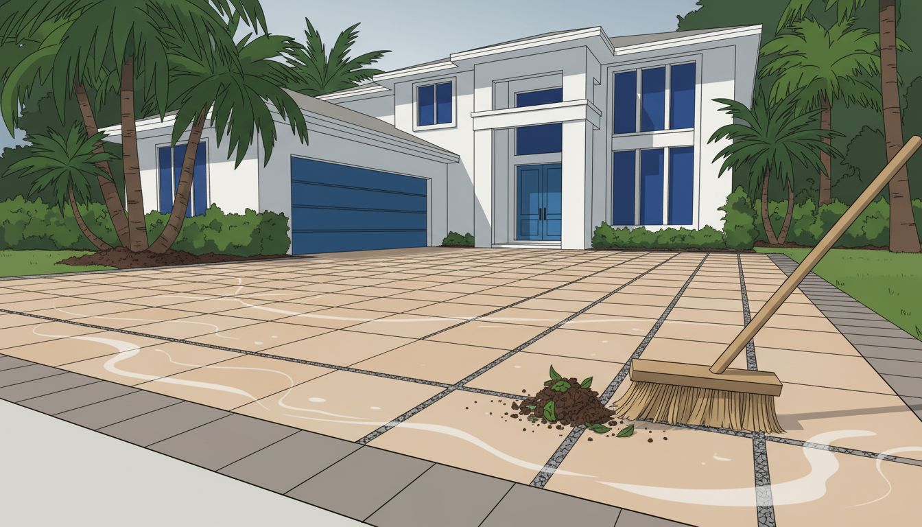 A Florida driveway with permeable pavers, open joints, and leaves being swept aside after rain.