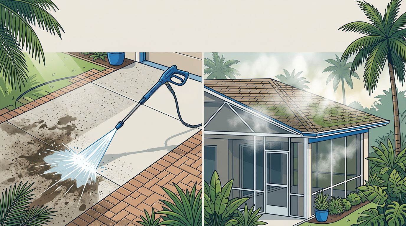 Split view of pressure washing a driveway and soft washing a Florida roof and patio.
