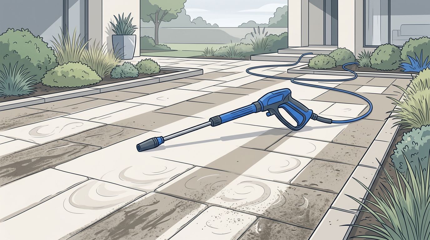 Patio pavers show pressure-washer stripes beside a blue cleaning wand.