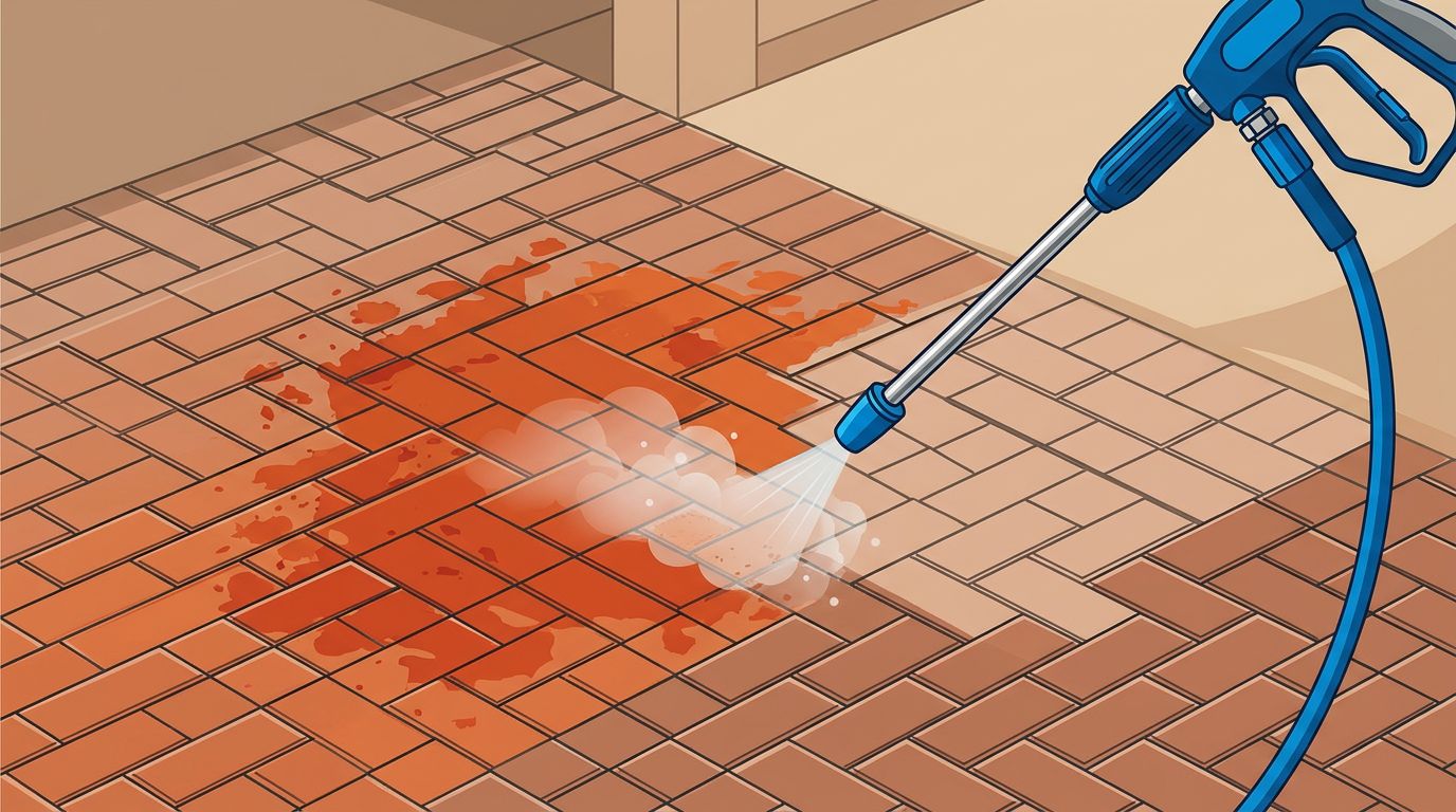 A pressure-washing wand rinses red clay from brick driveway pavers.