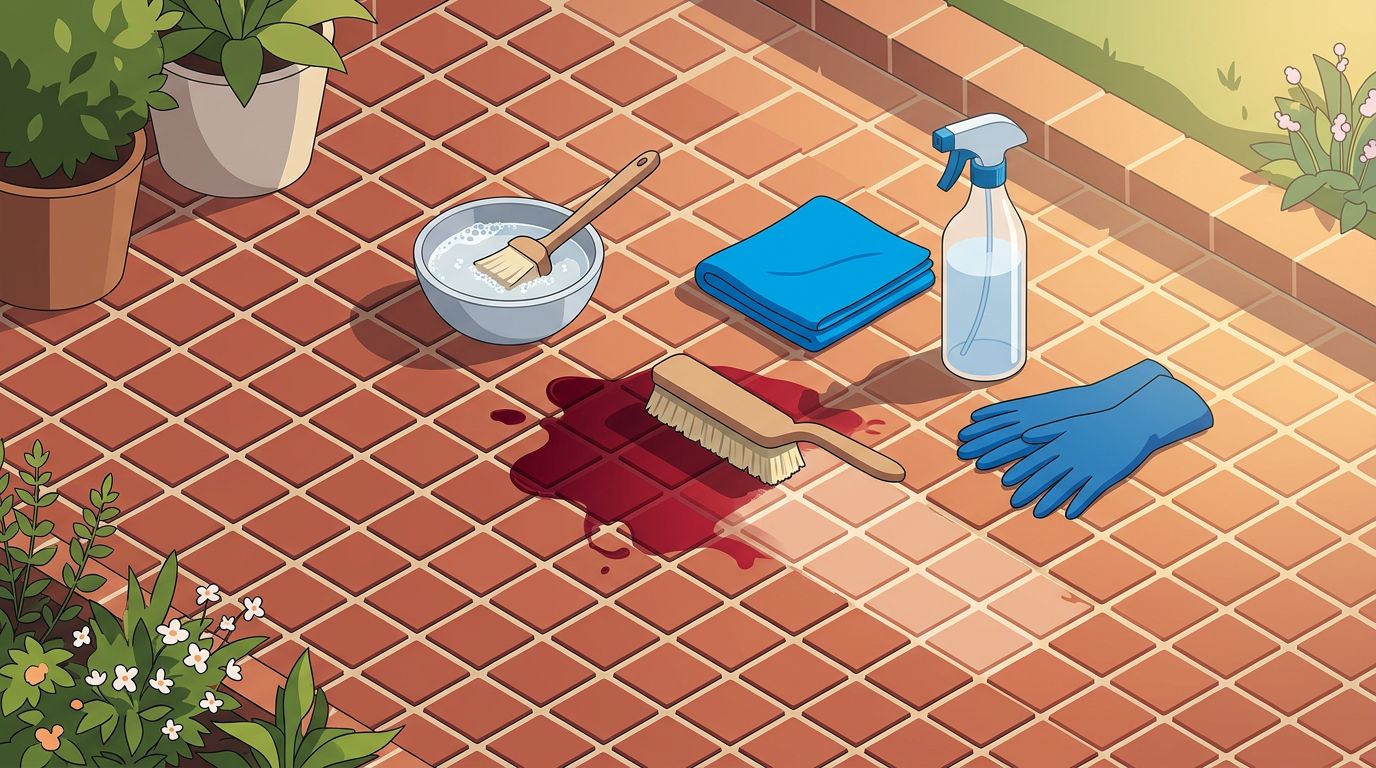 A red wine spill is cleaned from brick pavers with a brush and mild solution.