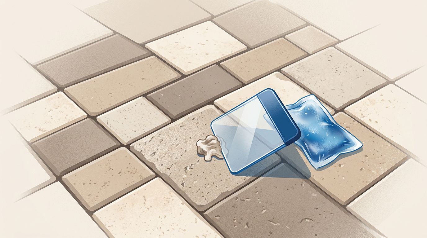 Gum stuck on a textured paver beside a scraper and ice pack.