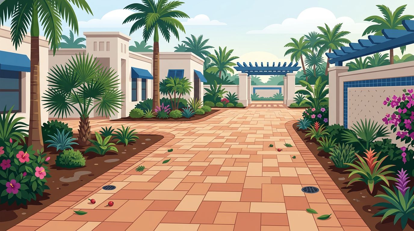Clean pavers lead through a landscaped Florida HOA entrance with palms and drainage grates.
