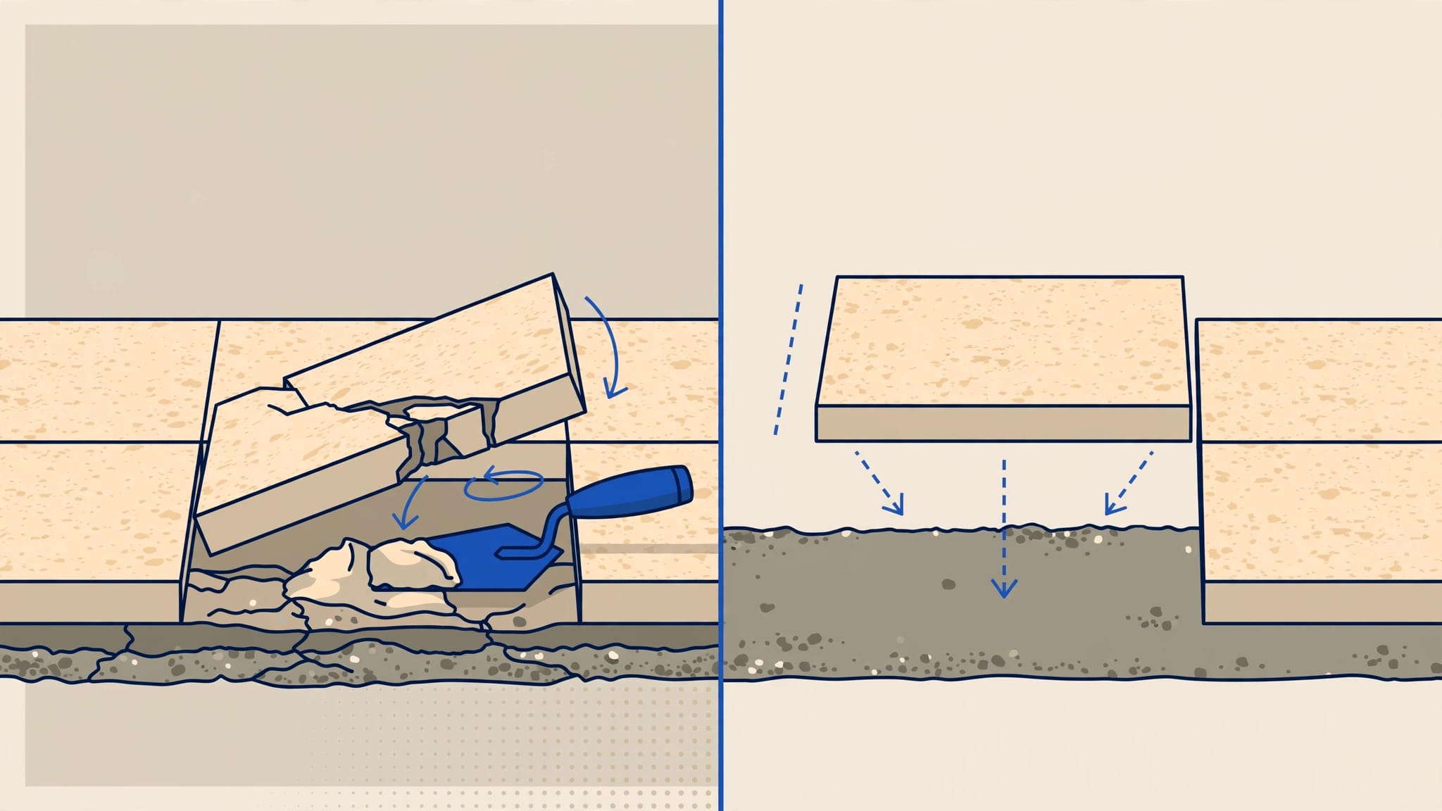 A cracked patio paver is shown being repaired or replaced.