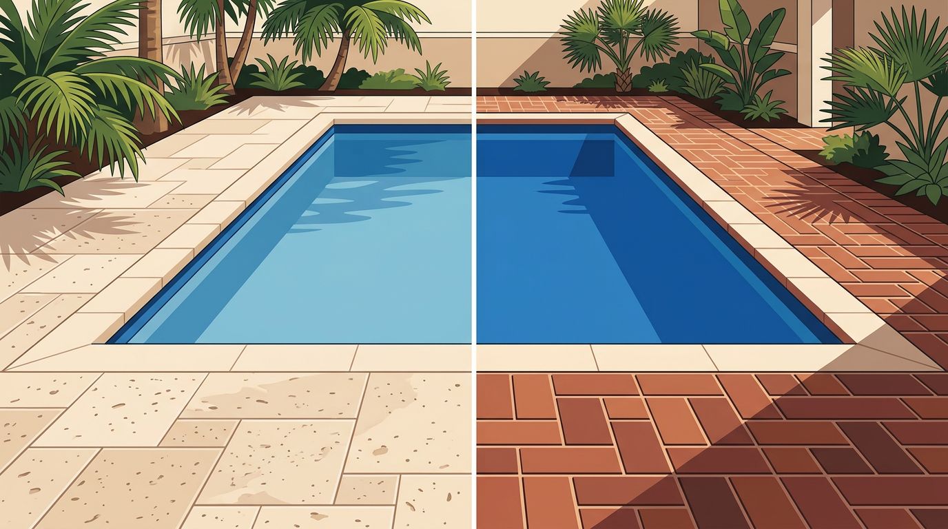 Split pool deck showing pale travertine and warm red brick beside blue water and palms.
