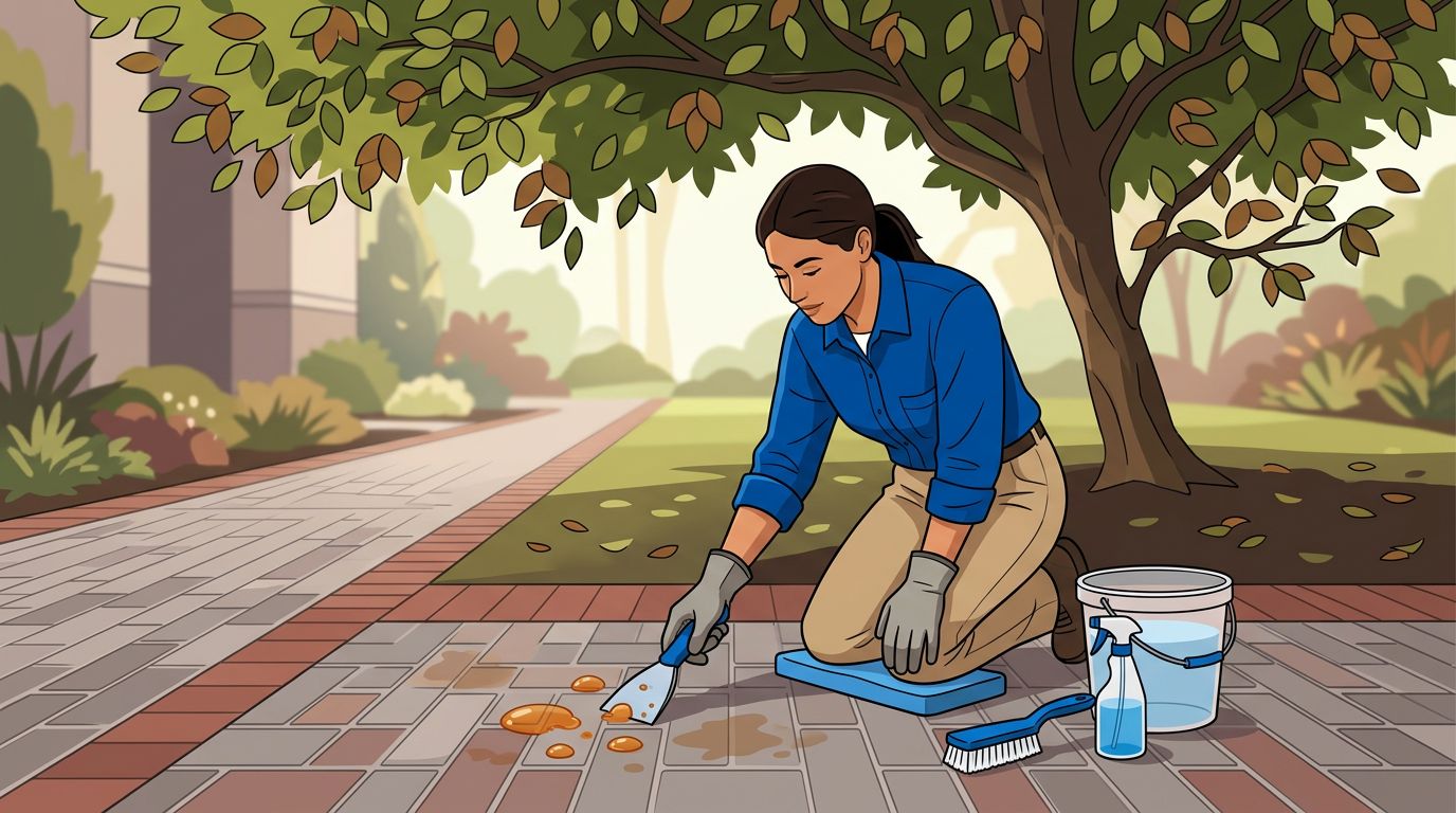 A cleaner scrapes tree sap from brick pavers beside a brush, spray bottle, and bucket.