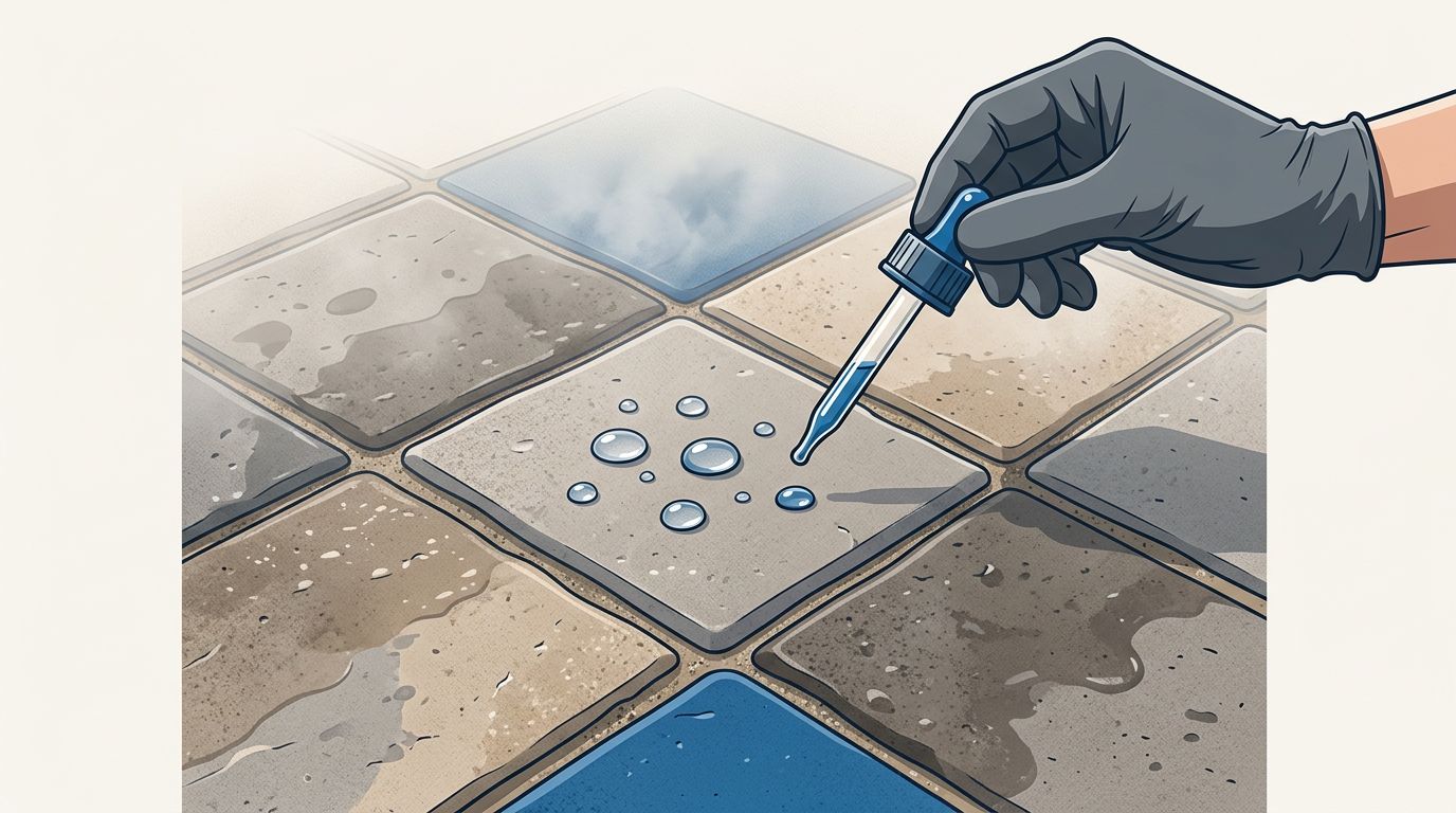 A gloved hand tests water beading on contrasting patio pavers.