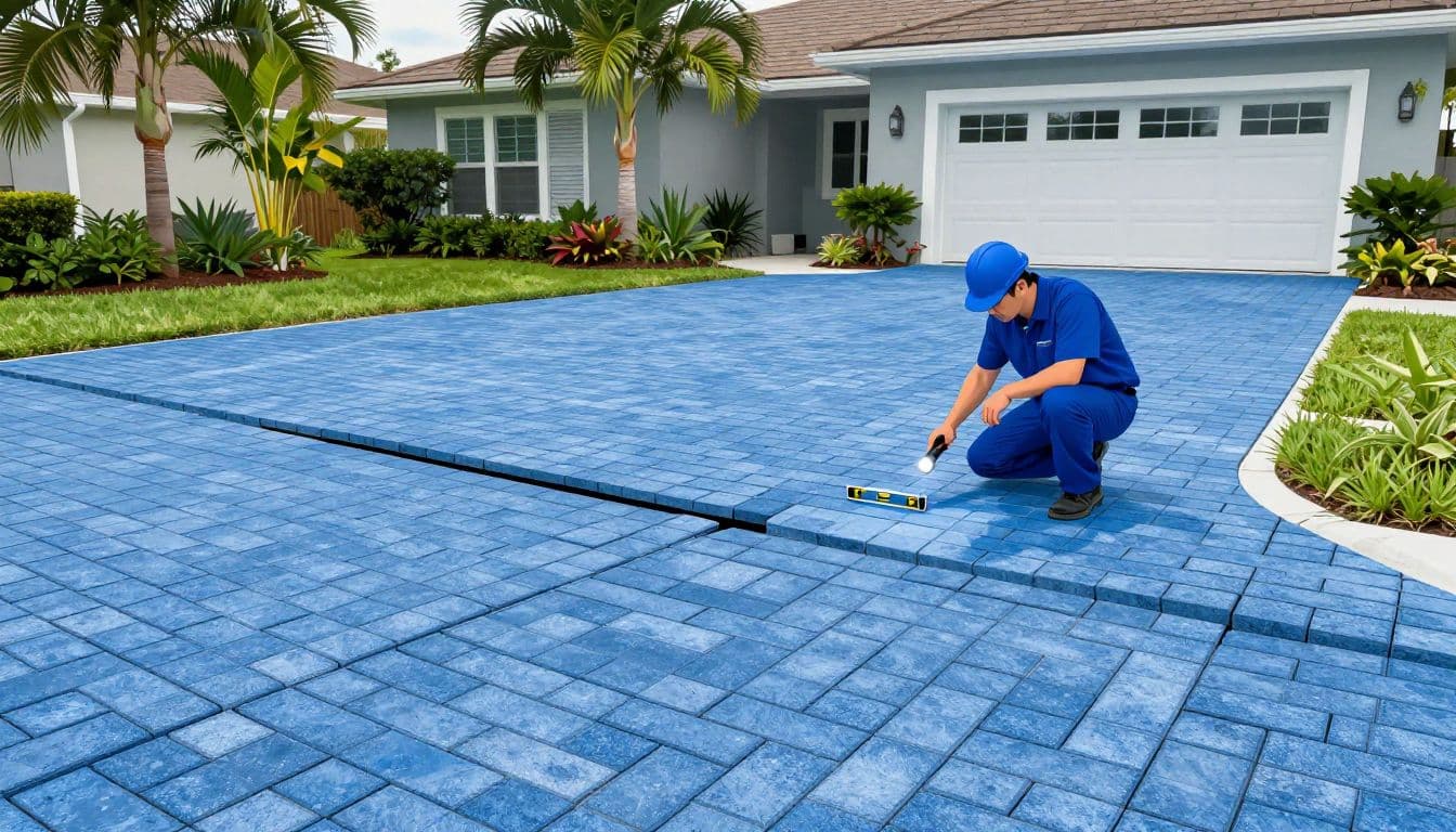 Uneven interlocking pavers and open joints on a Florida driveway.