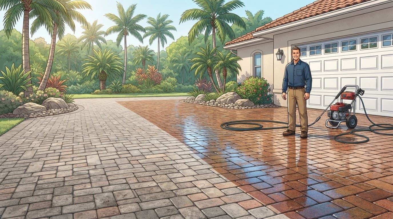 Worker beside a Florida paver driveway with clean and weathered sections.