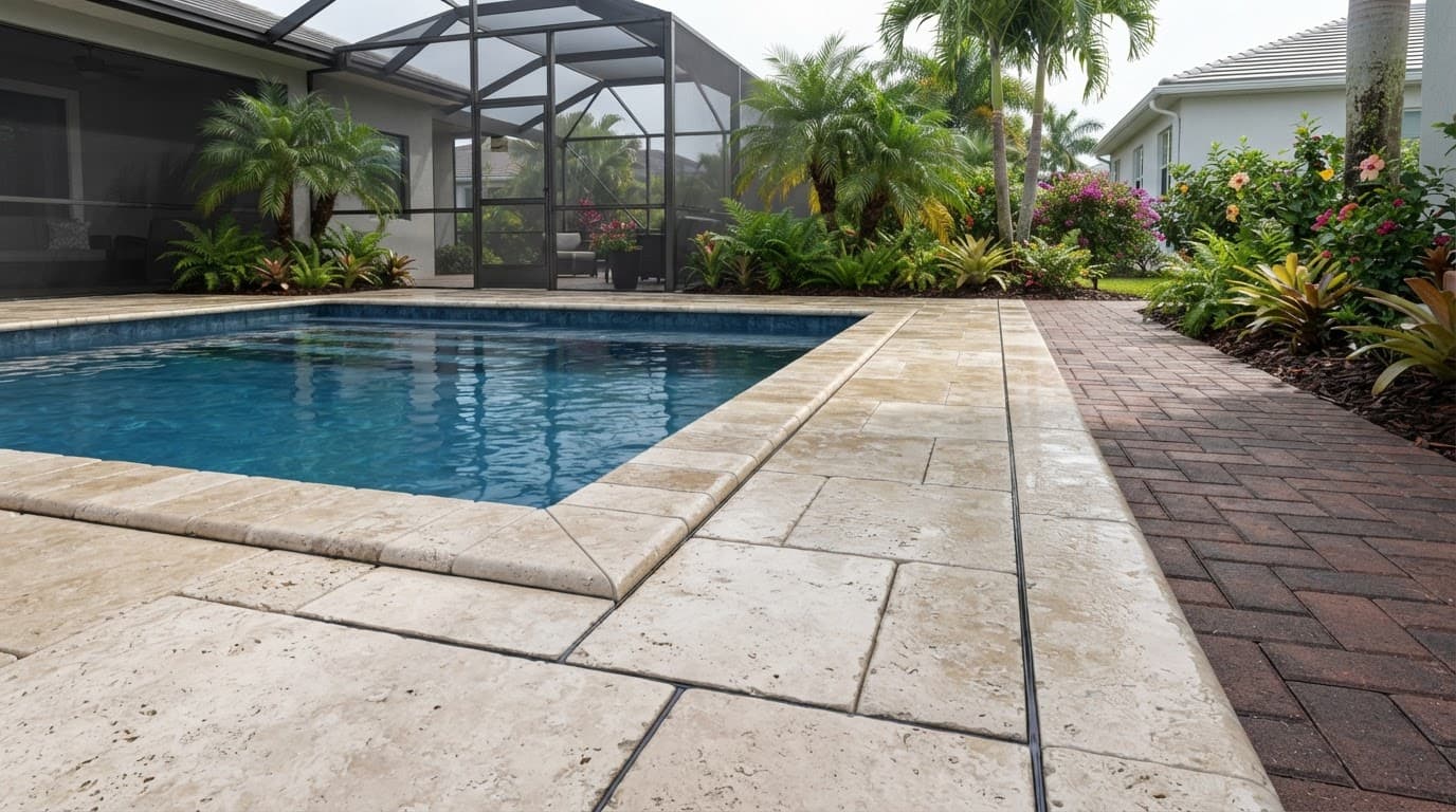 Drainage layout for a Florida swimming area with a shaded paver walkway.