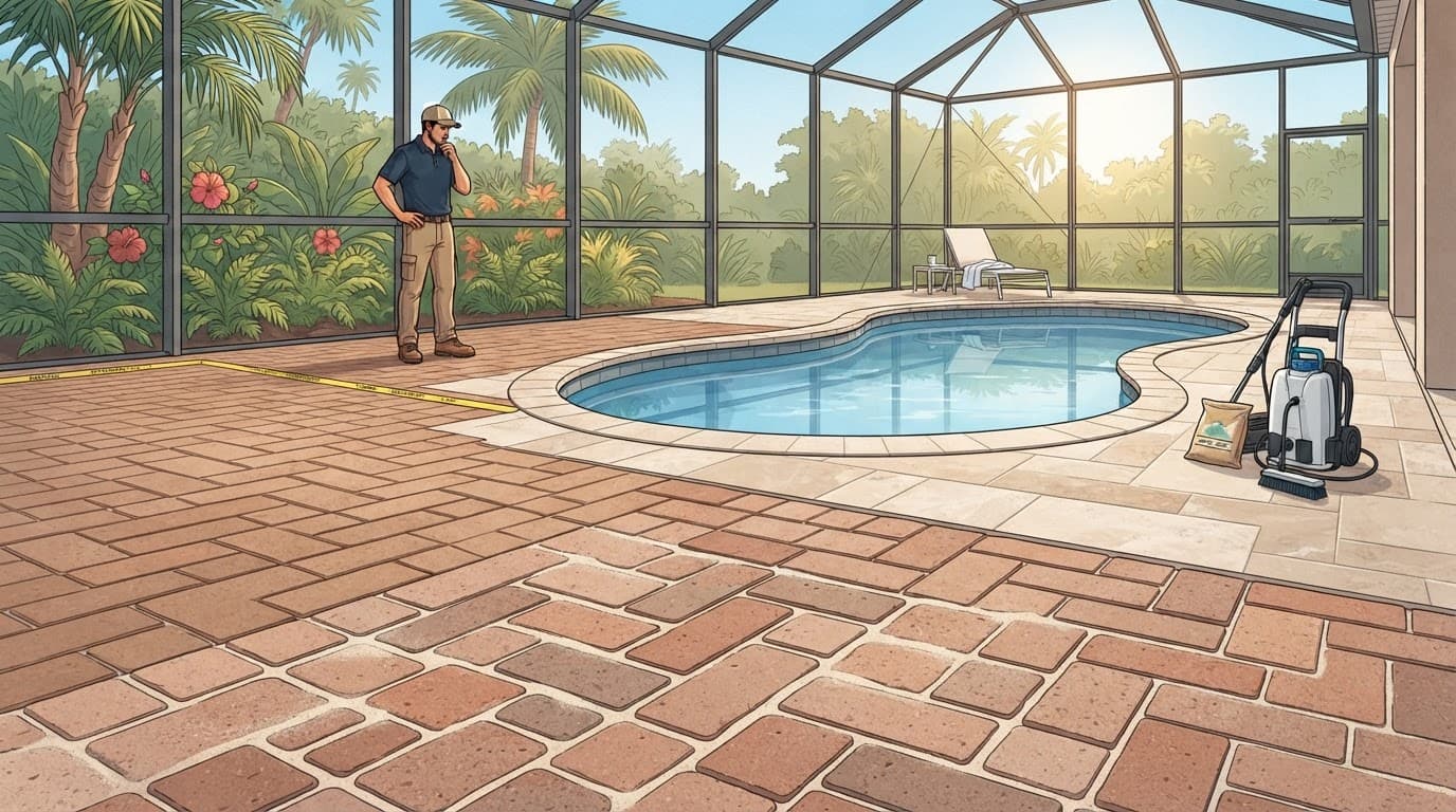 Worker inspecting a sealed paver pool deck beside a screened lanai and blue pool.