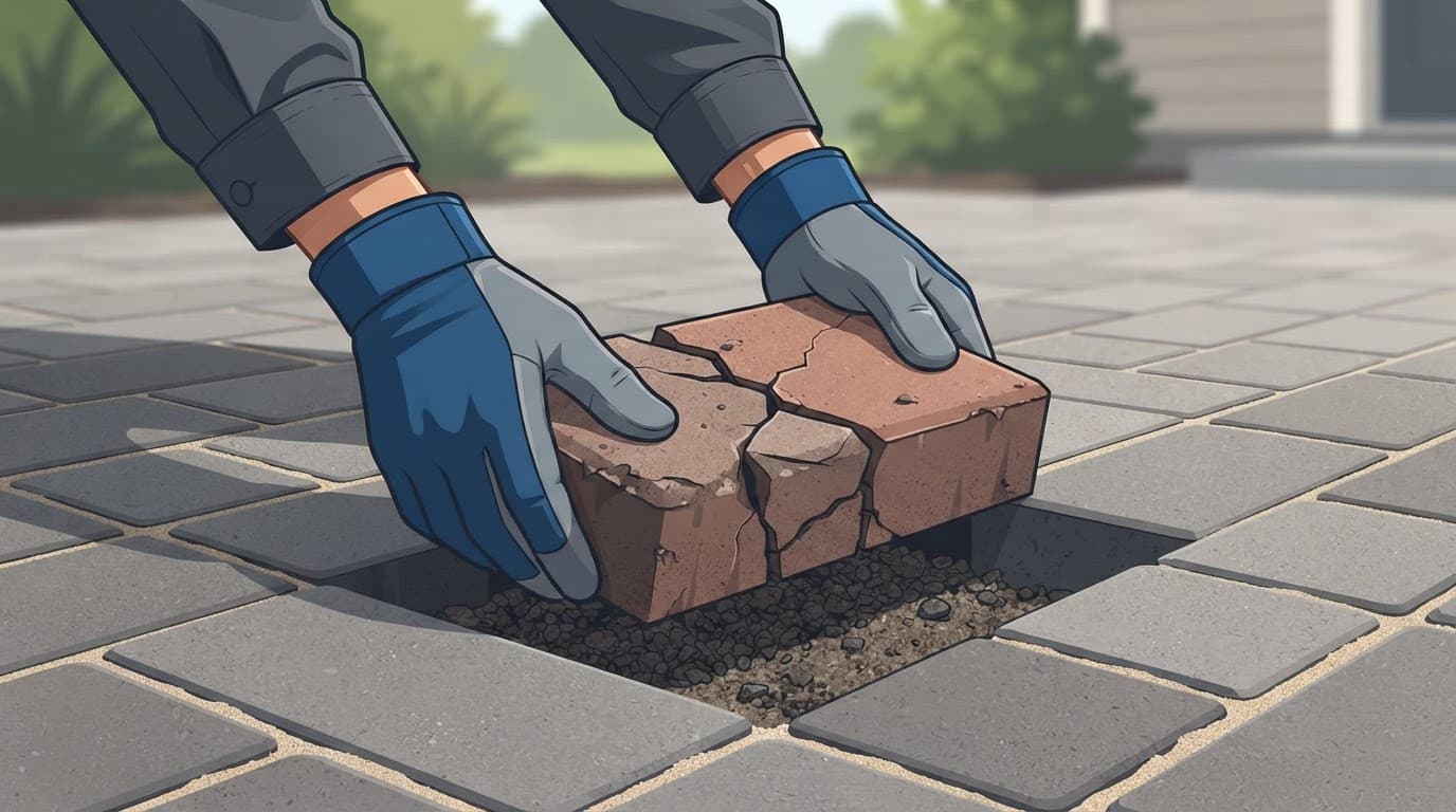 Gloved hands removing a cracked patio unit from its bedding layer