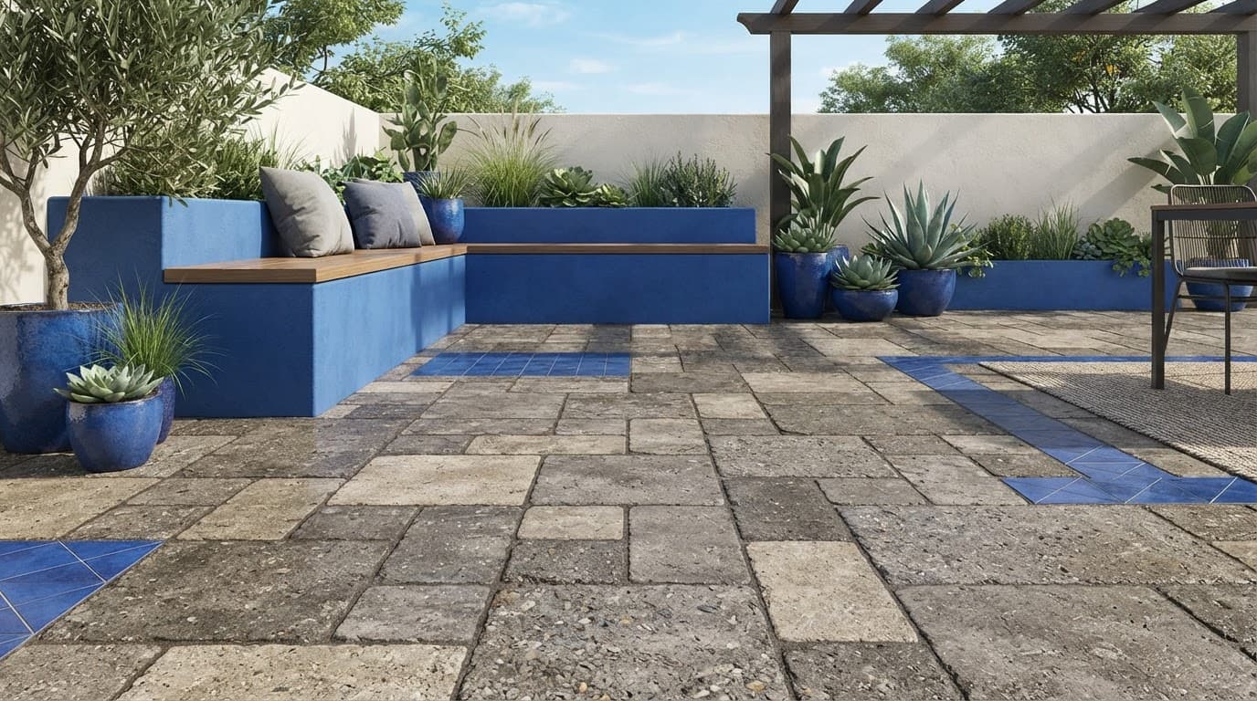 Modern patio with rough sealed pavers and a bold blue accent.