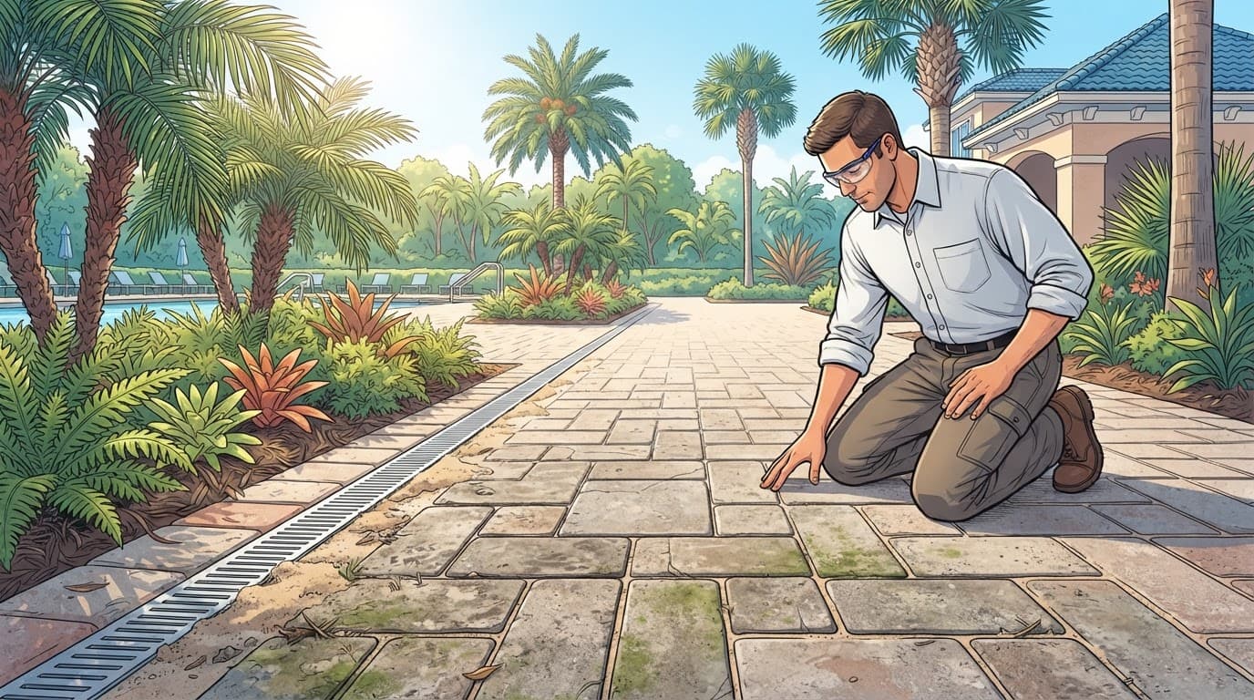 Southwest Florida HOA paver inspection on a common-area walkway.