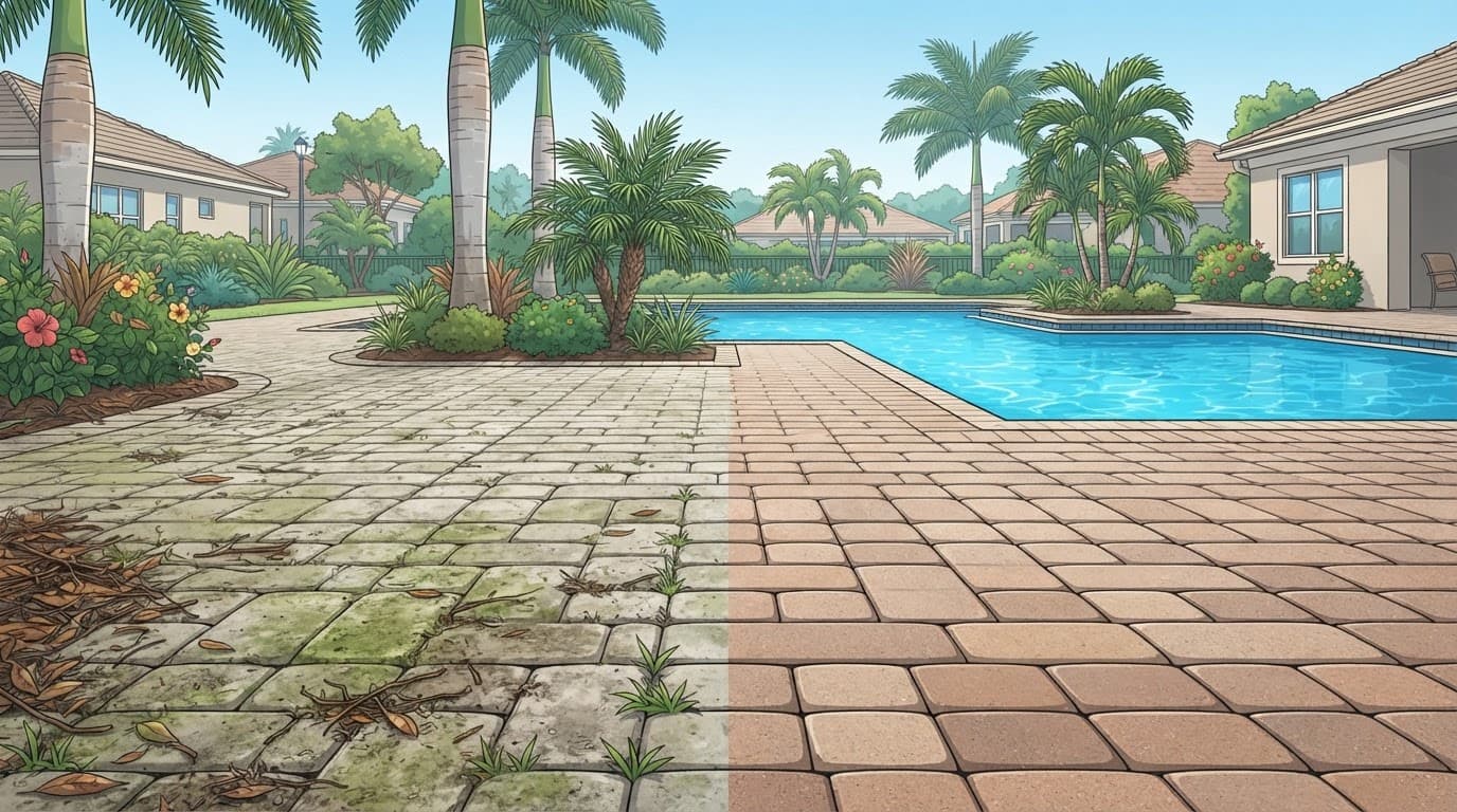 Clean Southwest Florida HOA pool deck after storm inspection.