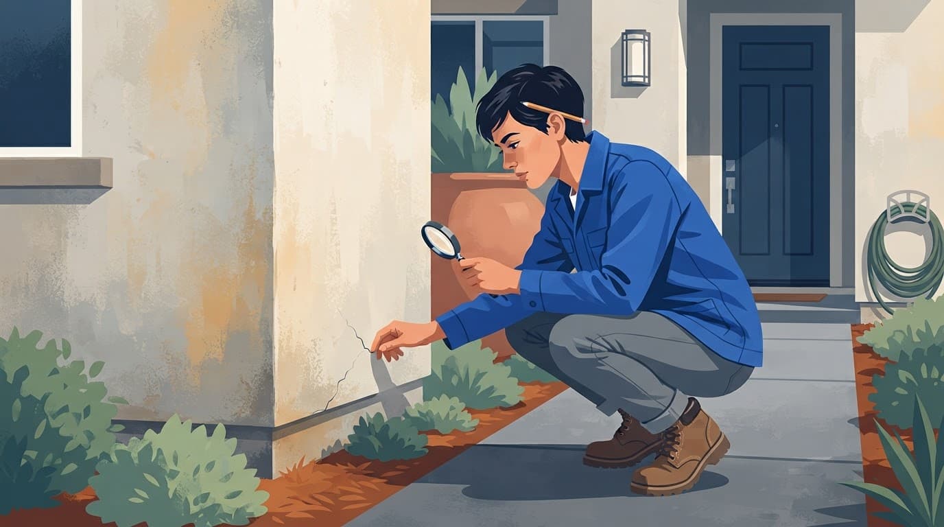 Homeowner inspecting cracks in a painted exterior wall.