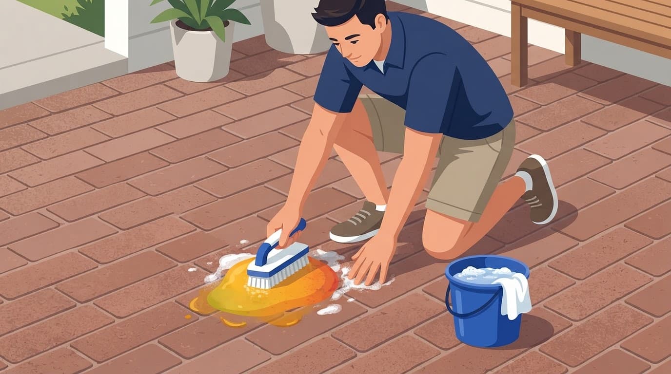 Mango juice stains brick pavers being scrubbed with a nylon brush.