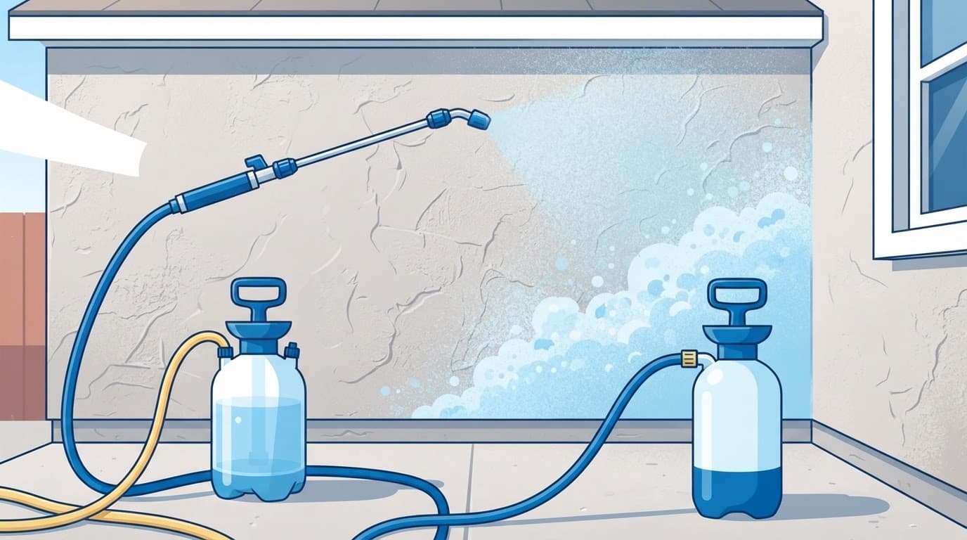 Low-pressure sprayer applying cleaner to painted stucco.