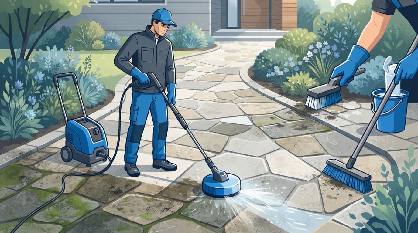 Stone pavers being scrubbed and rinsed during surface preparation.
