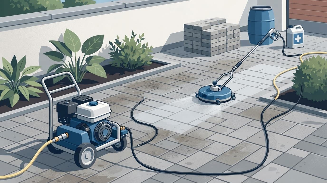 Brick pavers beside pressure washing equipment.