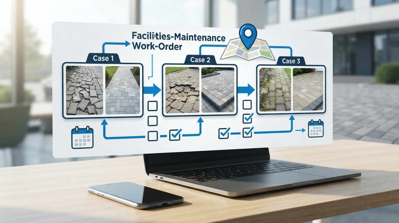 Paver repair tracking work-order board with before-and-after photos