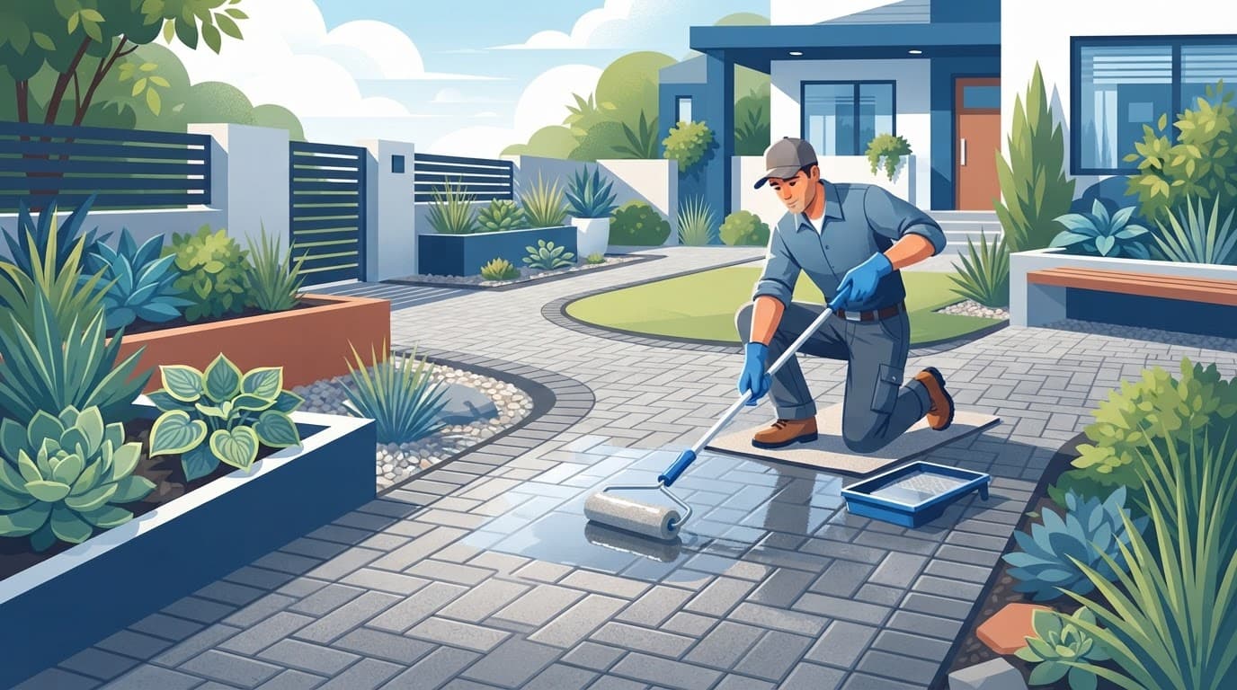 Interlocking pavers receiving protective sealer from a professional worker.