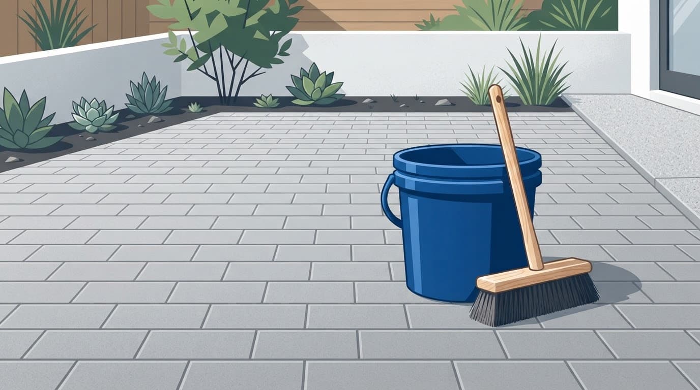 A blue bucket and soft brush rest on clean brick pavers.