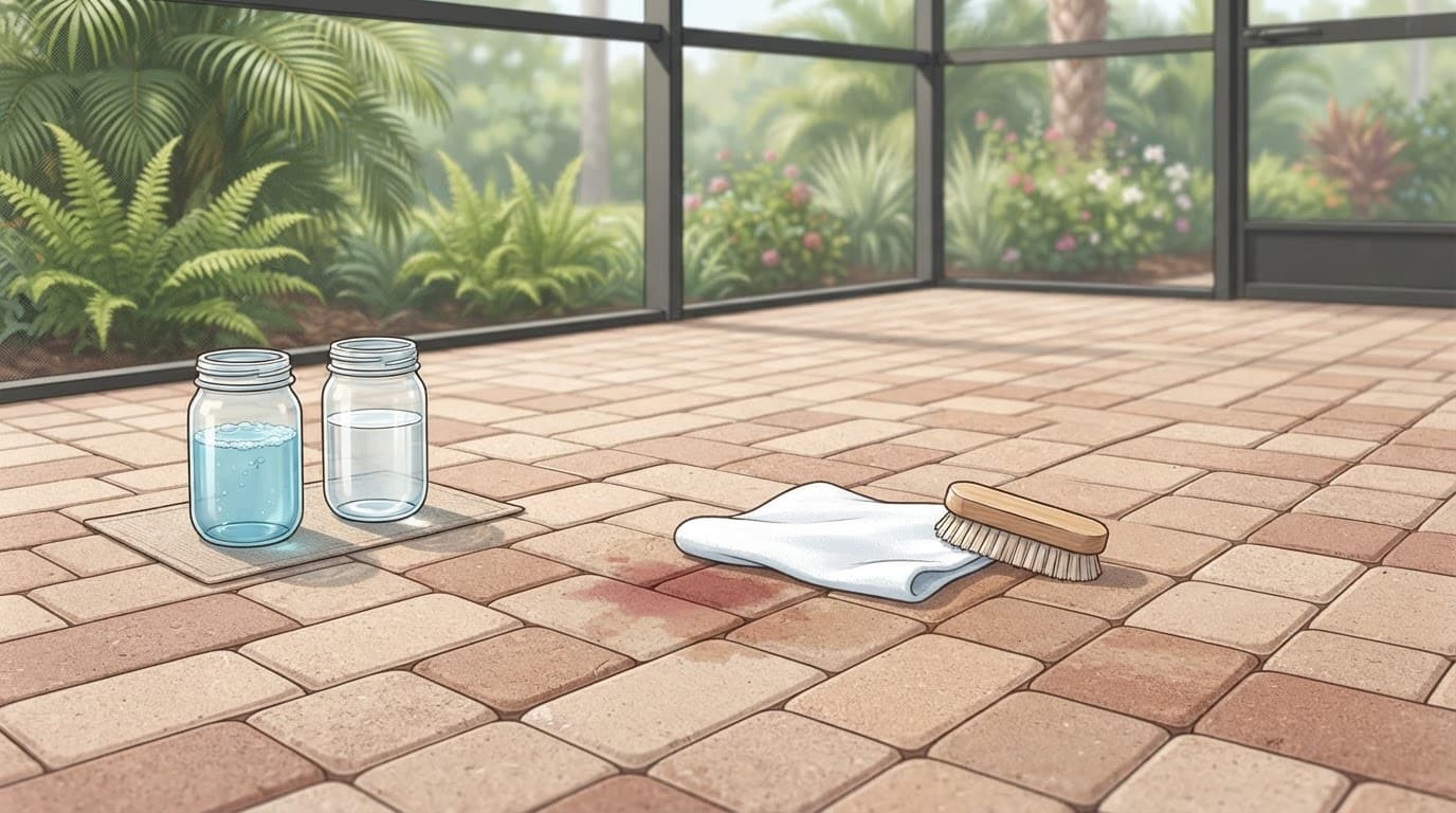 Tools beside a dried wine mark on brick pavers