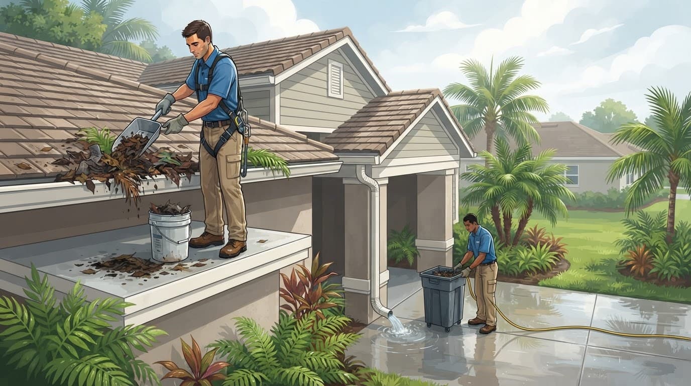 Technicians remove wet leaves and palm debris from a Southwest Florida gutter