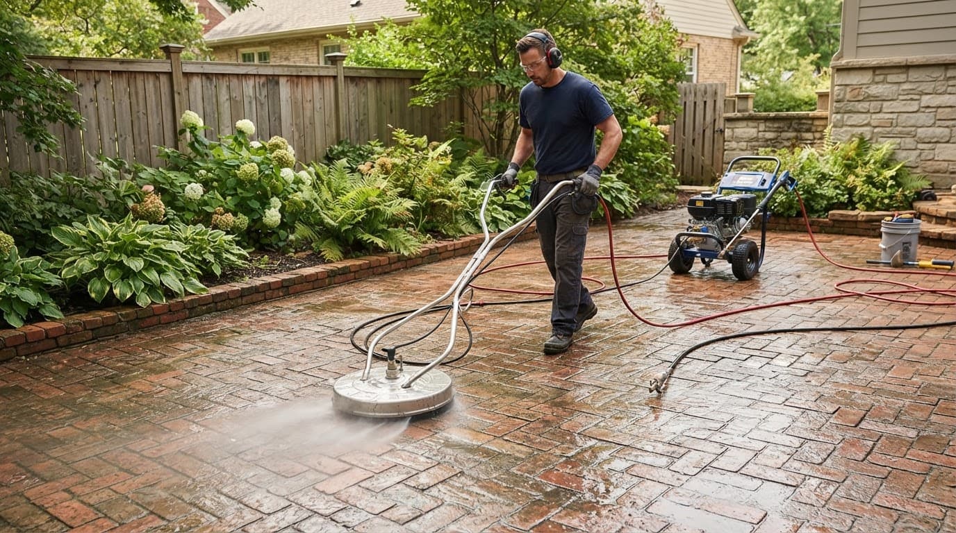 Pressure washer lines pavers: professional cleaning with a wide surface cleaner.