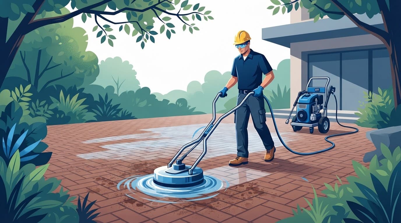 Tree sap brick pavers being cleaned by a professional with blue equipment.