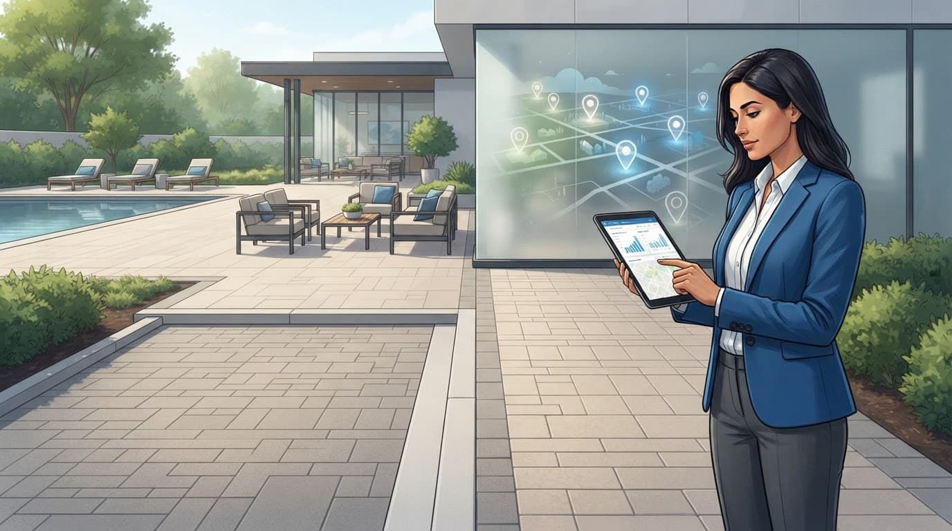 Property record review beside a paver walkway