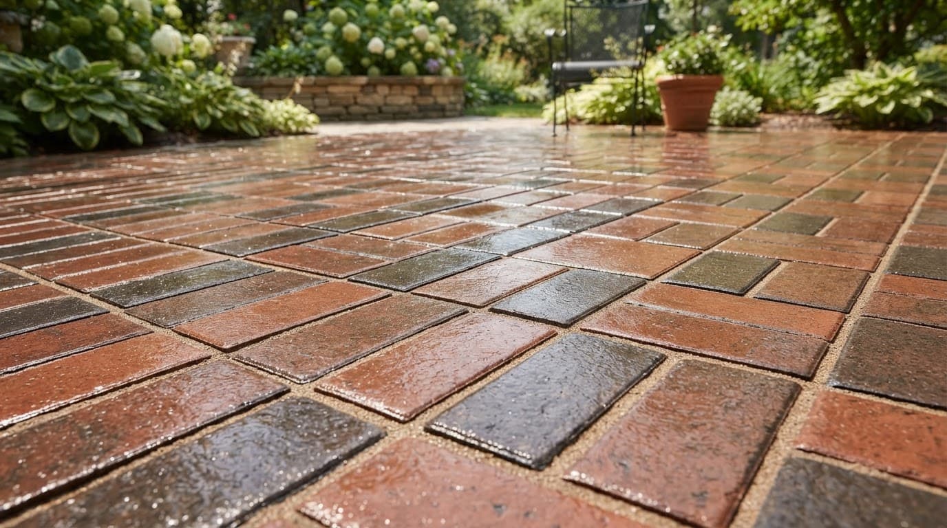 Pressure washer line repair on freshly sealed brick pavers with clean joint sand.