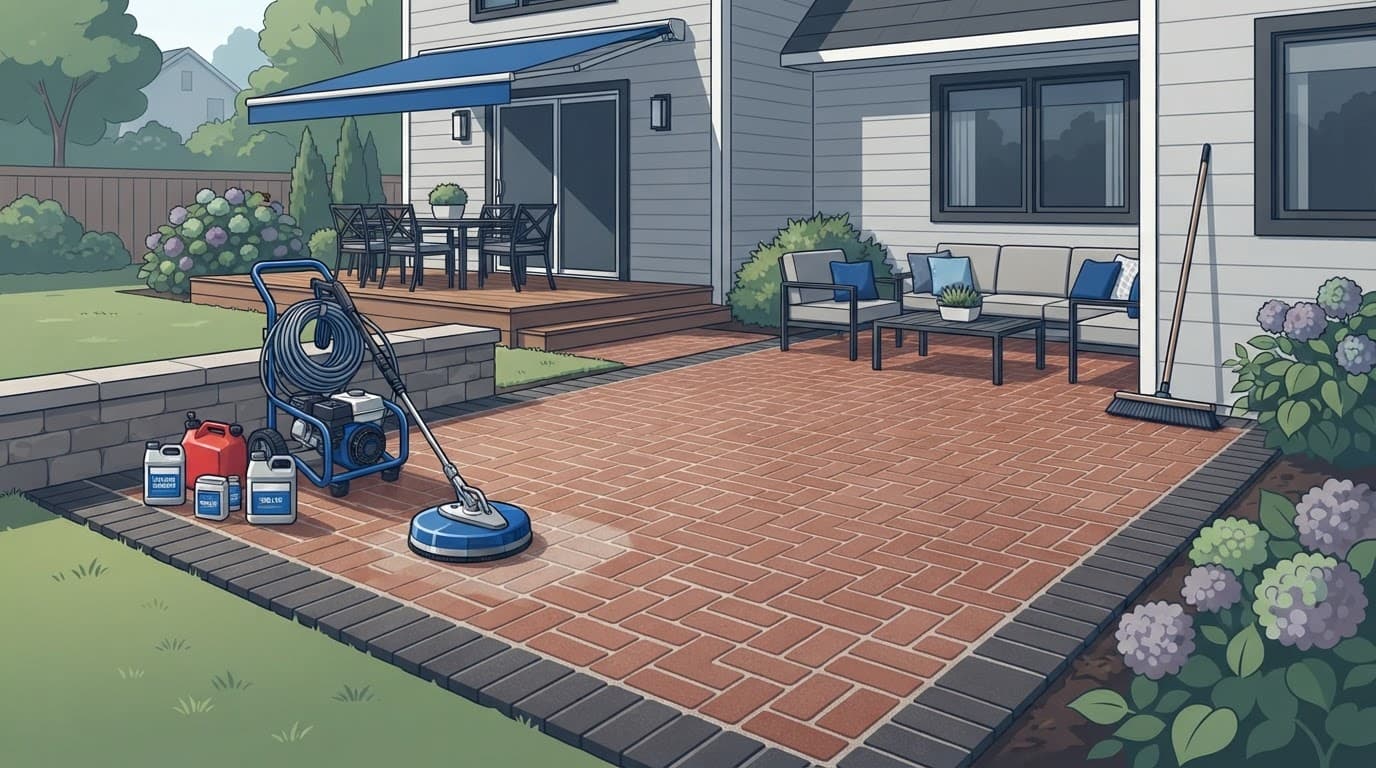 Clean brick patio after paver cleaning and sealing with equipment nearby.