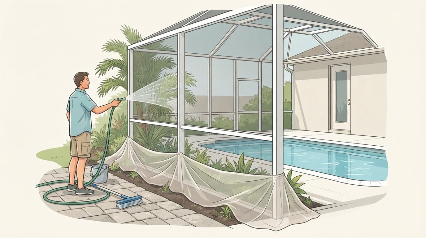 Safely washing a lanai screen with a garden hose