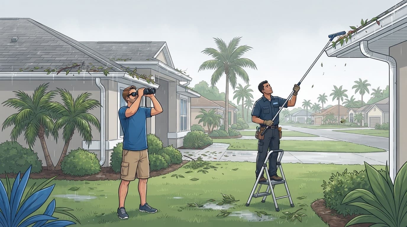 Ground-level drainage check after a Southwest Florida storm.